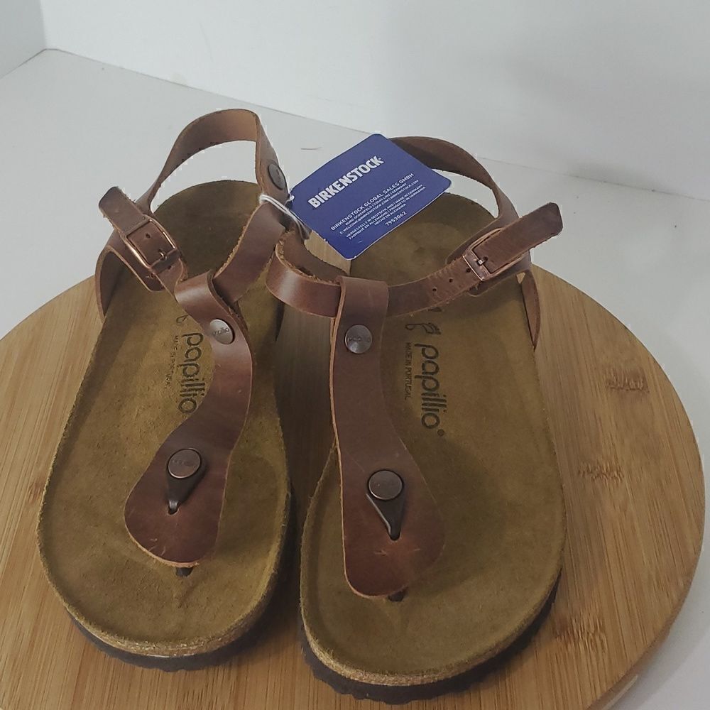 Papillio by Birkenstock Ashley BrownLeather T-Strap Wedge Sandals Women's EU 41